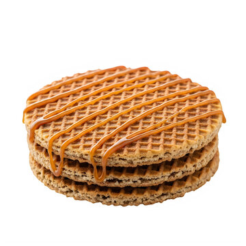 Stack of delicious dutch stroopwafels with caramel drizzle isolated on transparent background