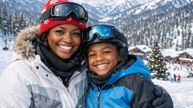Two people in snow gear, smiling, with ski lodge background and decorated Christmas trees.