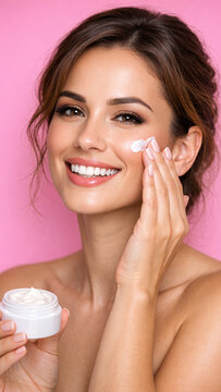 Smiling woman applying facial moisturizer, highlighting skincare and self care practices.