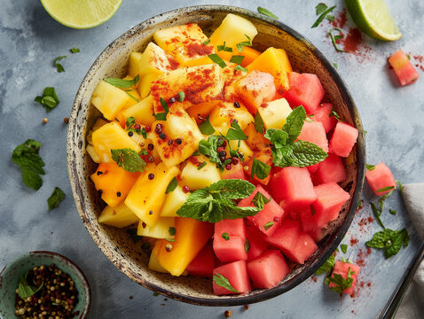 Colorful tropical fruit bowl with chili-lime seasoning and fresh mint, highlighting a modern sweet and spicy flavor trend.