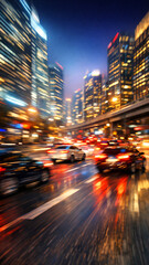 Fototapeta premium Bustling city street with cars during rain, illuminated by night lights.