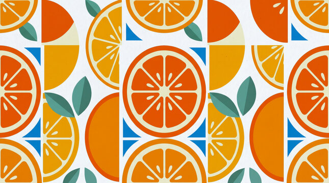 repeating motif of sliced juicy oranges and yellow lemons with striped beach umbrellas on warm beige sand backdrop flat lay microstock illustration