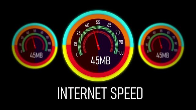 Dynamic digital internet speed test interface featuring animated colorful gauges measuring increasing data transfer rates and network bandwidth performance metrics for modern telecommunications