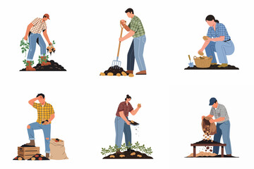 Fototapeta premium Collection of diverse farmers and agricultural workers harvesting, sorting, and planting potatoes in flat vector illustration style isolated on white background