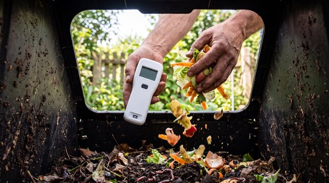 Composting food waste in garden bin with temperature meter