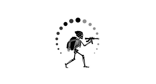 Skeleton walking with airplane toy.