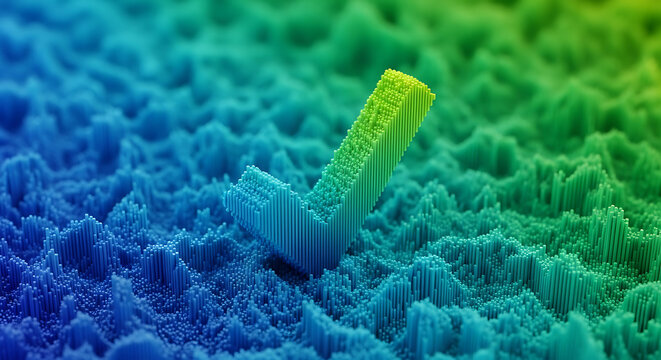 3D rendered check mark symbol represented by digital data columns on gradient surface with gradient approval verification technology business validation abstract statistics positive