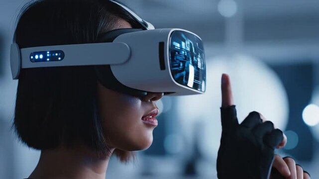 Woman wearing virtual reality headset and haptic motion controller gloves.