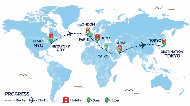 Flat Vector World Map Illustration Showing International Travel Route from NYC to Tokyo with Stops in London, Paris, Rome, Cairo, and Dubai, Featuring Flight Paths and Hotel Icons