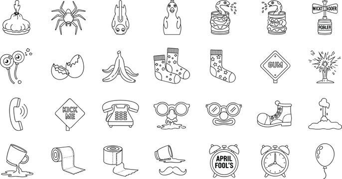 Graphic collection of various april fools jokes and classic funny pranks in thin line style icons set