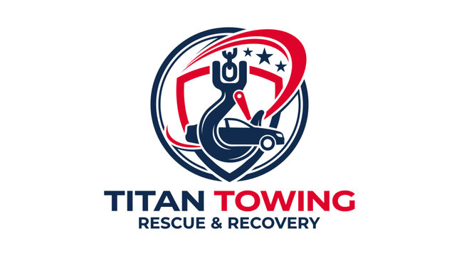 Titan Towing Logo: Tow Truck Hook Lifting Car with Shield and Stars