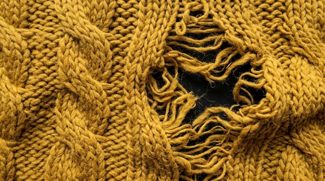 Close-up of a damaged mustard yellow cable knit sweater with a large hole and frayed threads, showing wear and tear