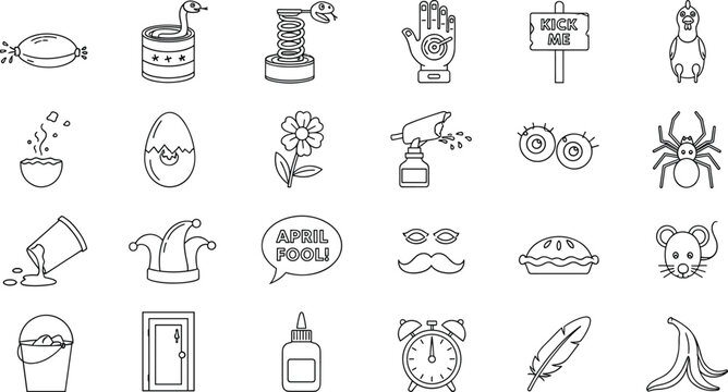 Set of line art icons depicting classic april fools day pranks and funny jokes for festive designs