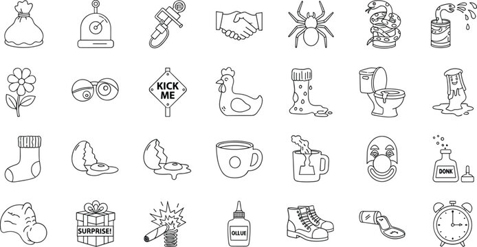Vector illustrations of april fools day prank equipment in minimal line style for digital projects