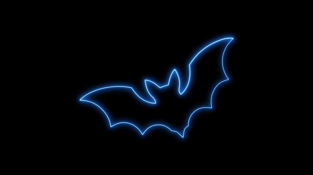 Blue neon bat outline glowing on black background for halloween motion graphics.