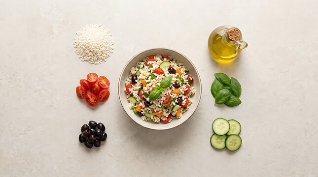 Fresh mixed vegetable salad in a bowl with healthy ingredients like tomatoes olives and cucumbers. riso insalata