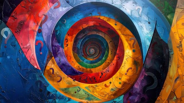 A vibrant, swirling artwork featuring colorful spiral rings with question marks