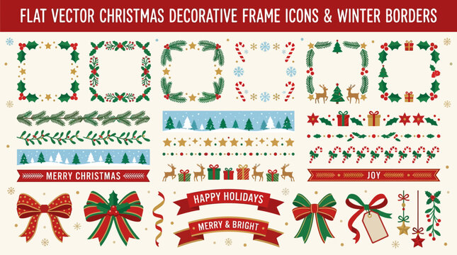 Christmas decorative frames and winter borders with icons and holiday elements