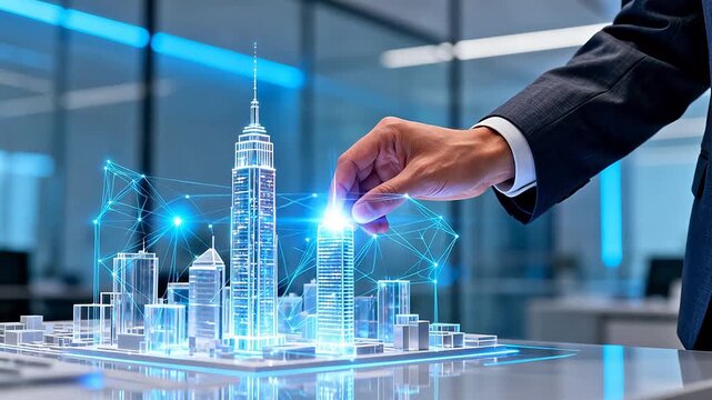 Businessman interacting with digital city model