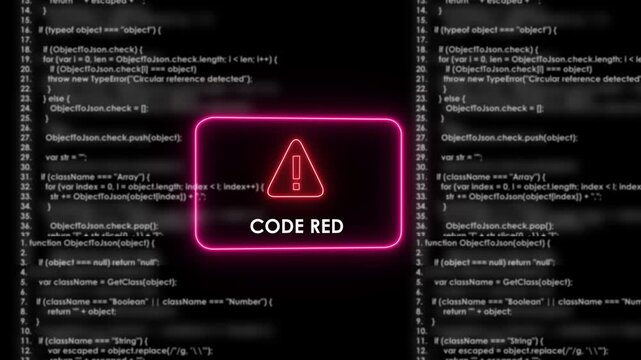 Cybersecurity alert concept featuring glowing neon code red warning sign over blurred computer programming language source code background, for digital threat, detection and information technology