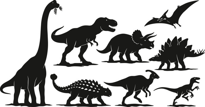 Dinosaur Silhouette Collection Featuring Prehistoric Animals and Flying Reptiles Vector Illustration Set