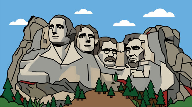 Flat Vector Illustration of Mount Rushmore National Memorial with Stylized Trees and Clouds, Simple Graphic Representation of Presidents Washington, Jefferson, Roosevelt, Lincoln Carved in Granite