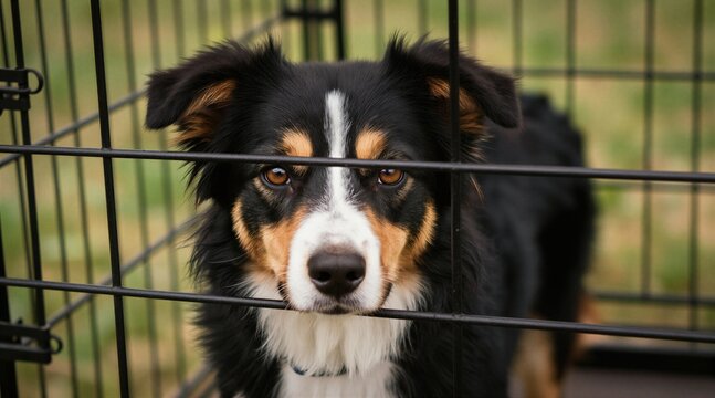 Border collie dog sits inside wire crate outdoors. Pet looks through cage bars with longing eyes. Canine waits patiently in enclosure during daytime.