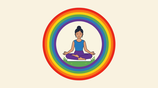 Flat Vector Illustration of Woman Meditating in Lotus Pose Inside a Rainbow Circle, Peaceful Mindful Zen Scene with Green Grass and Copy Space, Calm Serenity Graphic