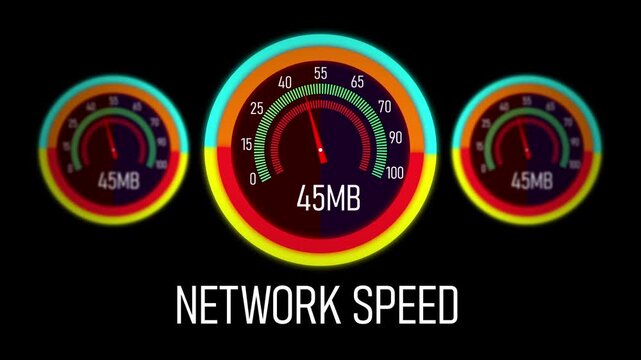 Dynamic digital network speed test interface featuring animated colorful gauges and rising data transfer rates for high-speed internet connectivity, broadband performance monitoring, and tech