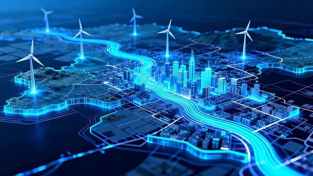 Futuristic city with wind turbines