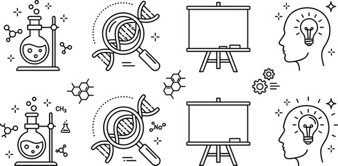 Scientific research and laboratory line icons set with DNA helix flask blackboard and idea © Nurchhana