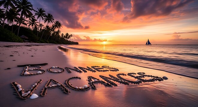 Bonnes vacances written in sand on a tropical beach at sunset