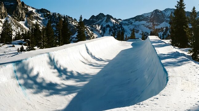 Snowy Half Pipe Carved Waterfall in Mountain Ski Area