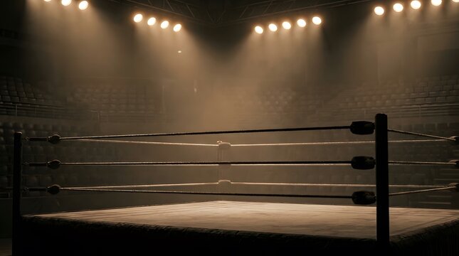 Dimly Lit Boxing Ring in Empty Arena with Spotlight Glow