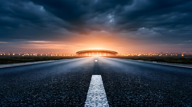 Empty highway leading to an illuminated stadium at dusk