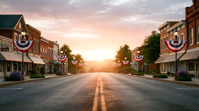 Small town main street with patriotic bunting at sunrise