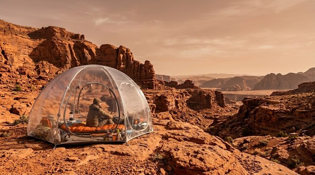 Person inside a transparent bubble tent in a vast red desert, gazing at the majestic canyon landscape, symbolizing futuristic glamping and serene adventure travel