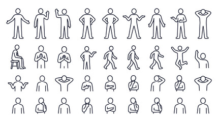 Collection of people in various poses, gestures, and body language in outline icons. © jubayer71