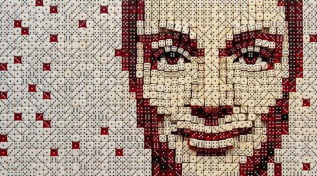 Portrait of a woman made from thousands of red and white playing dice forming a mosaic pattern