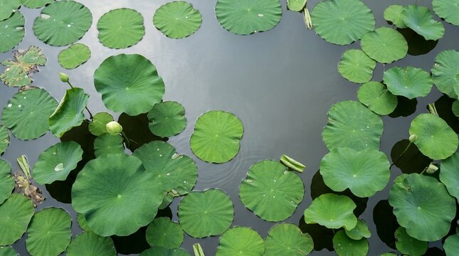 Top view of vibrant green lotus leaves floating on dark pond water surface, nature background with organic circular shapes