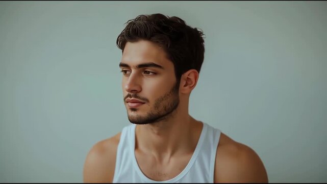 Young man portrait calm closed eyes contemplative tank top short dark hair light stubble serene