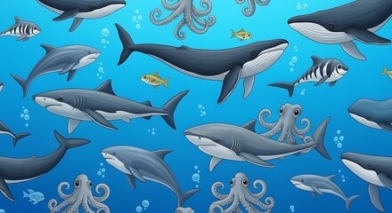 Naklejka premium Seamless pattern of diverse sea life and ocean animals