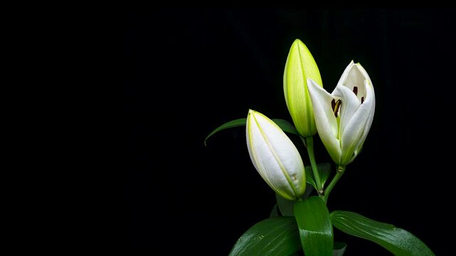 白いユリが開花する黒背景4Kタイムラプス動画