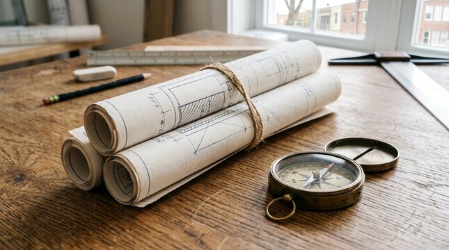Architectural blueprints rolled up with a vintage compass and drawing tools on a rustic wooden desk