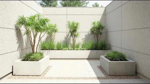 Minimalist courtyard with modern planter dracaena palm and ornamental grass bright soft sunlight