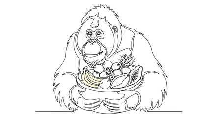 Orangutan Holding Bowl of Fresh Tropical Fruits, One Line Drawing Art © Free Account