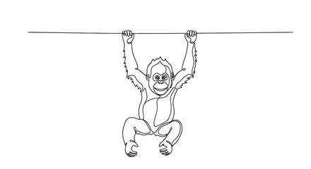 Cute baby orangutan hanging from a branch, single line drawing, playful primate. © Free Account