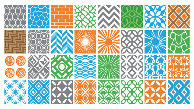 Geometric tile pattern set with colorful abstract ornaments and mosaic floor texture vector.