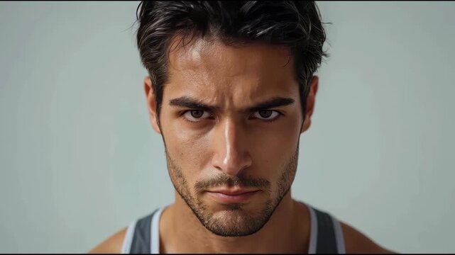Angry athletic man portrait closeup intense gaze furrowed brow stubble handsome serious focused