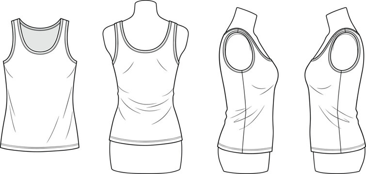 Women Tank Top Vector Technical Flat Sketch Template with Multi Angle Views for Design Mockup